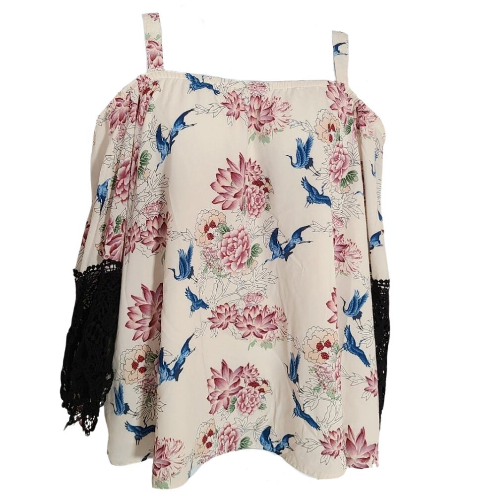 voom by joy han off the shoulder lace sleeve floral print blouse size m